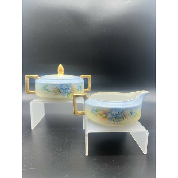 Heinrich & Co Selb Bavaria Creamer and Sugar Porcelain Blue Floral Gold 6075 - Picture 1 of 8